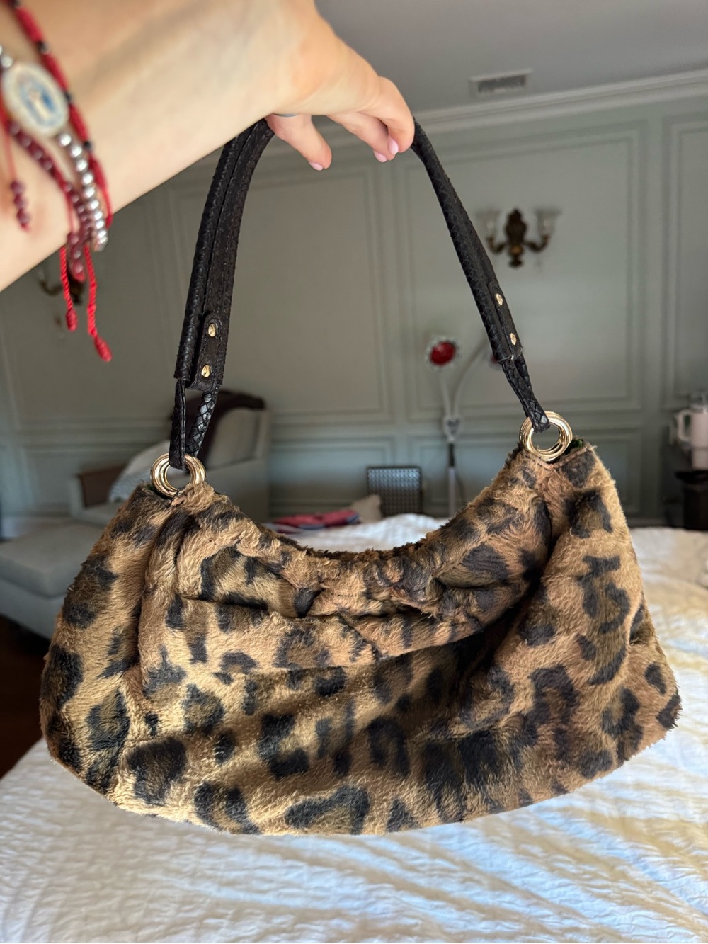 kate spade Leopard-Print Faux Fur Shoulder Bag with Black Handles - Picture 3 of 4